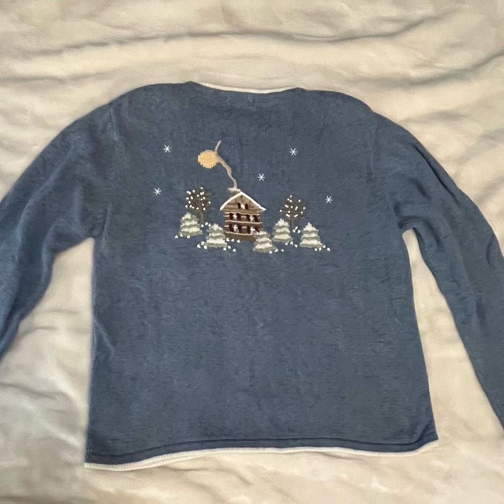 Christopher & Banks Blue Knit Vintage Ugly Christmas Sweater Grandma Embroidered - Picture 5 of 8